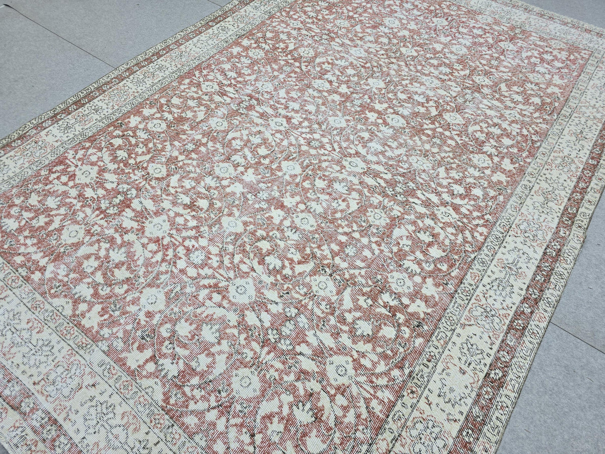 Hand Knotted Oushak Rug: 7x10 ft. Faded Muted terracotta red  Anatolian Carpet