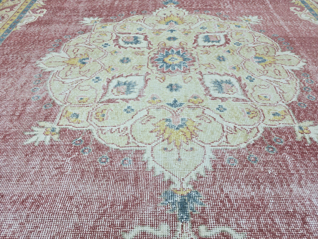 Turkish Rug 7x7, Vintage Pink Medallion Area Rug, Square Hand Knotted Wool Carpet for Living Room, Faded Rose Oushak Style