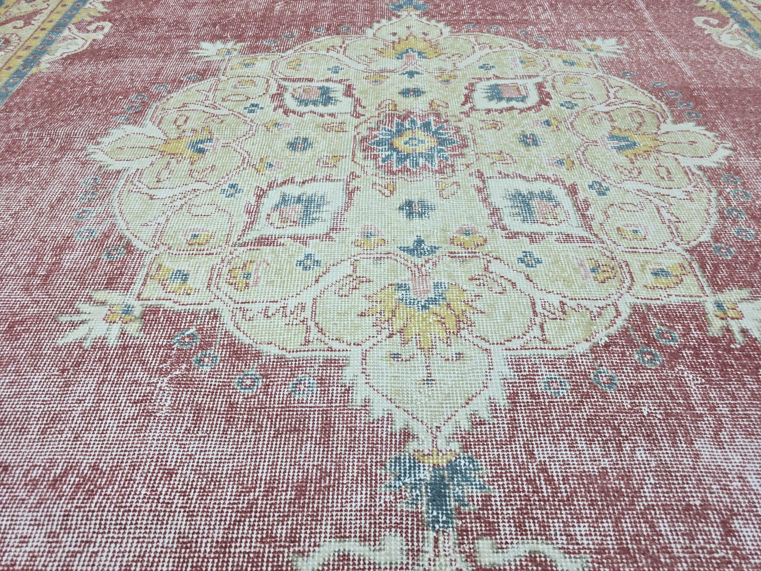 Turkish Rug 7x7, Vintage Pink Medallion Area Rug, Square Hand Knotted Wool Carpet for Living Room, Faded Rose Oushak Style