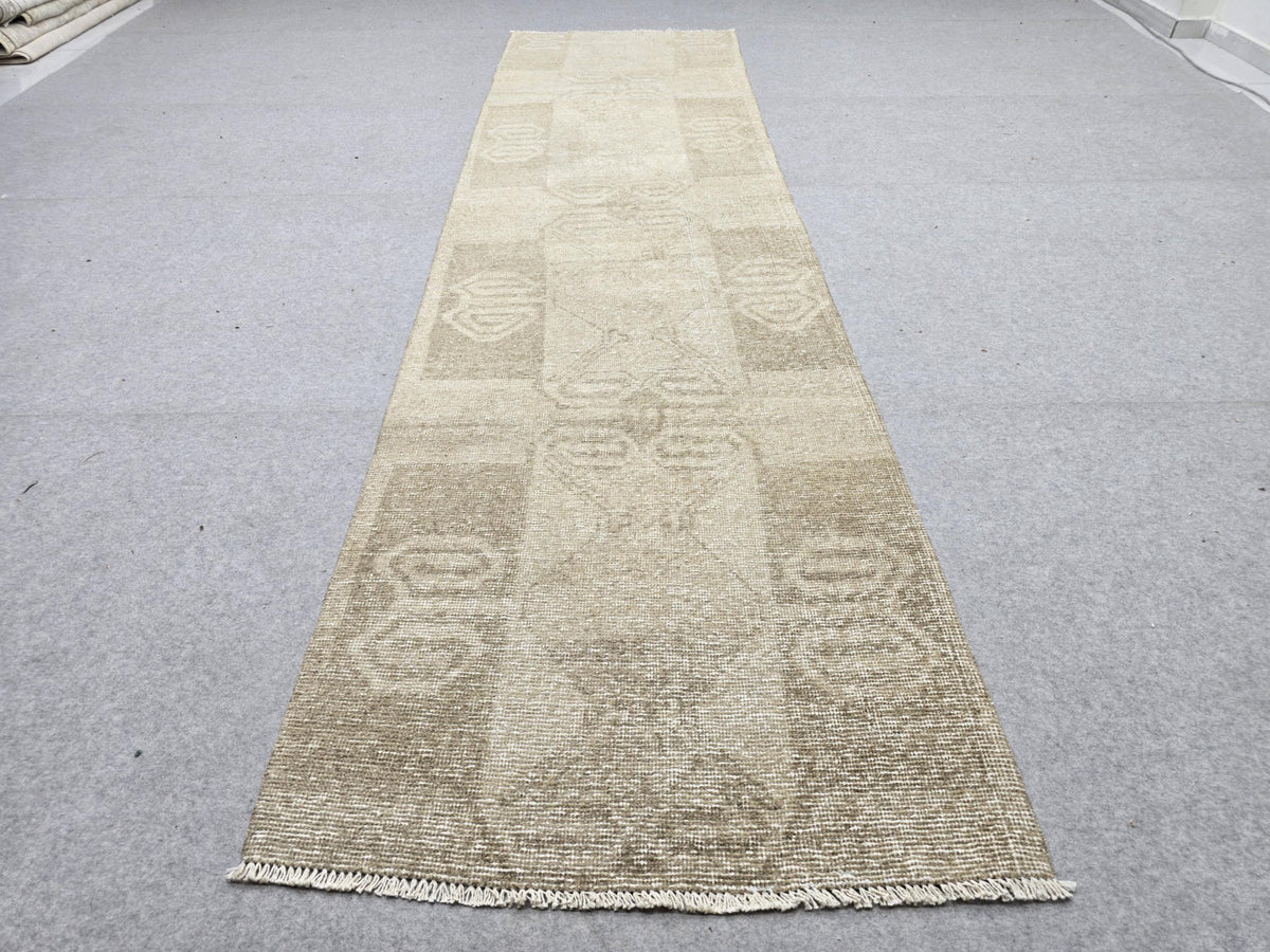 Vintage Rug 3x11 Runner, Turkish Runner Rug for Corridor, Muted Taupe Wool Rug, Greige Laundry Room Decor, Boho Faded Living Room Rug