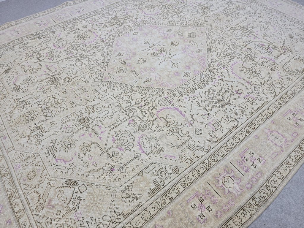 Oushak Wool Area Rug: 9x12 Light Pink Beige Turkish Rug