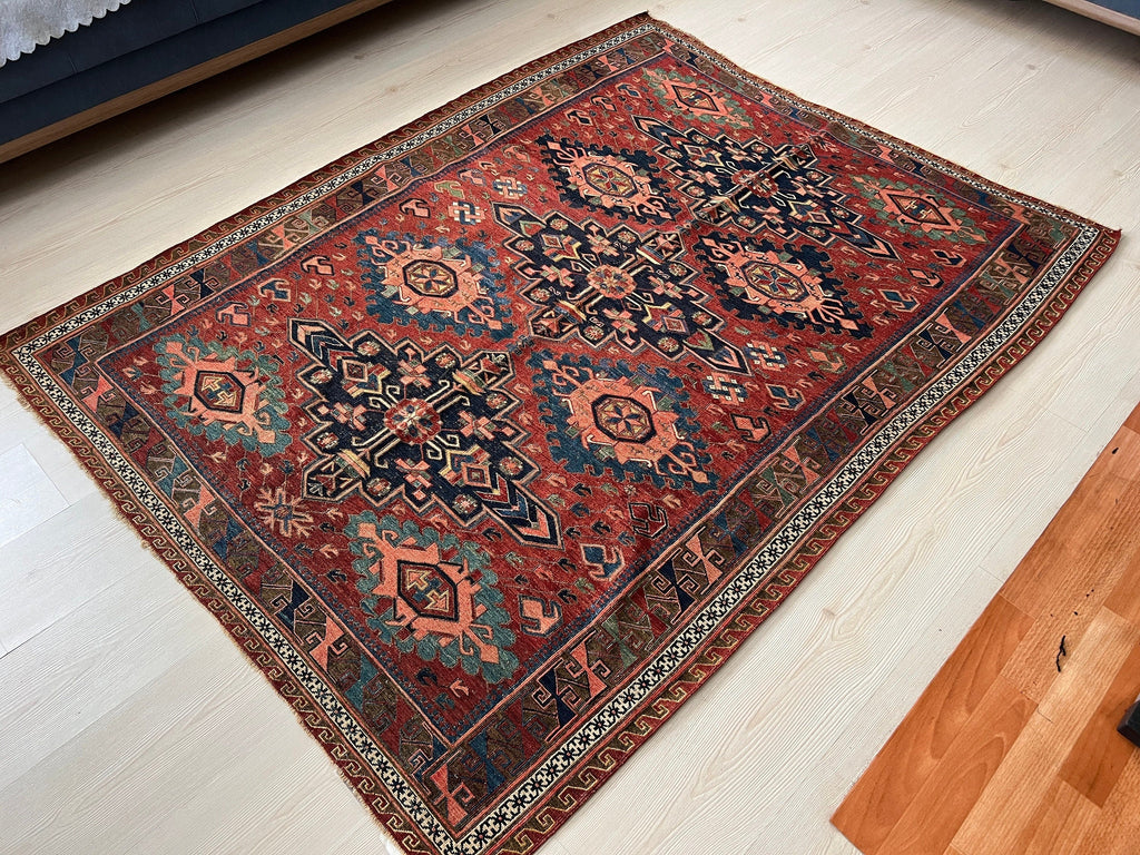 Antique Caucasian Soumak Rug: Hand-Knotted Wool, Tribal Design (5x6.35 ft)