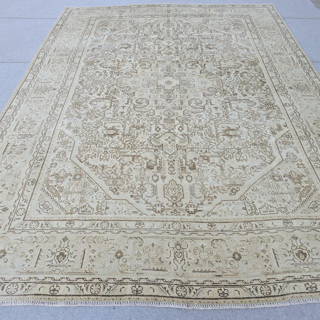 Oushak Rug 8x11 Muted Beige Heriz Medallion Hand Knotted Vintage Wool Area Carpet