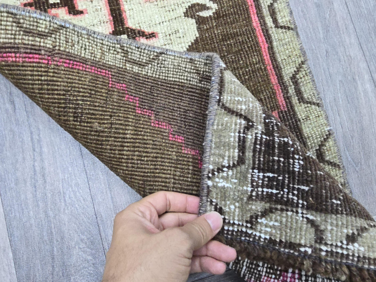 Vintage Hand-Knotted Turkish Wool Rug: Brown Tribal Medallion Entry Mat (1x3 ft)