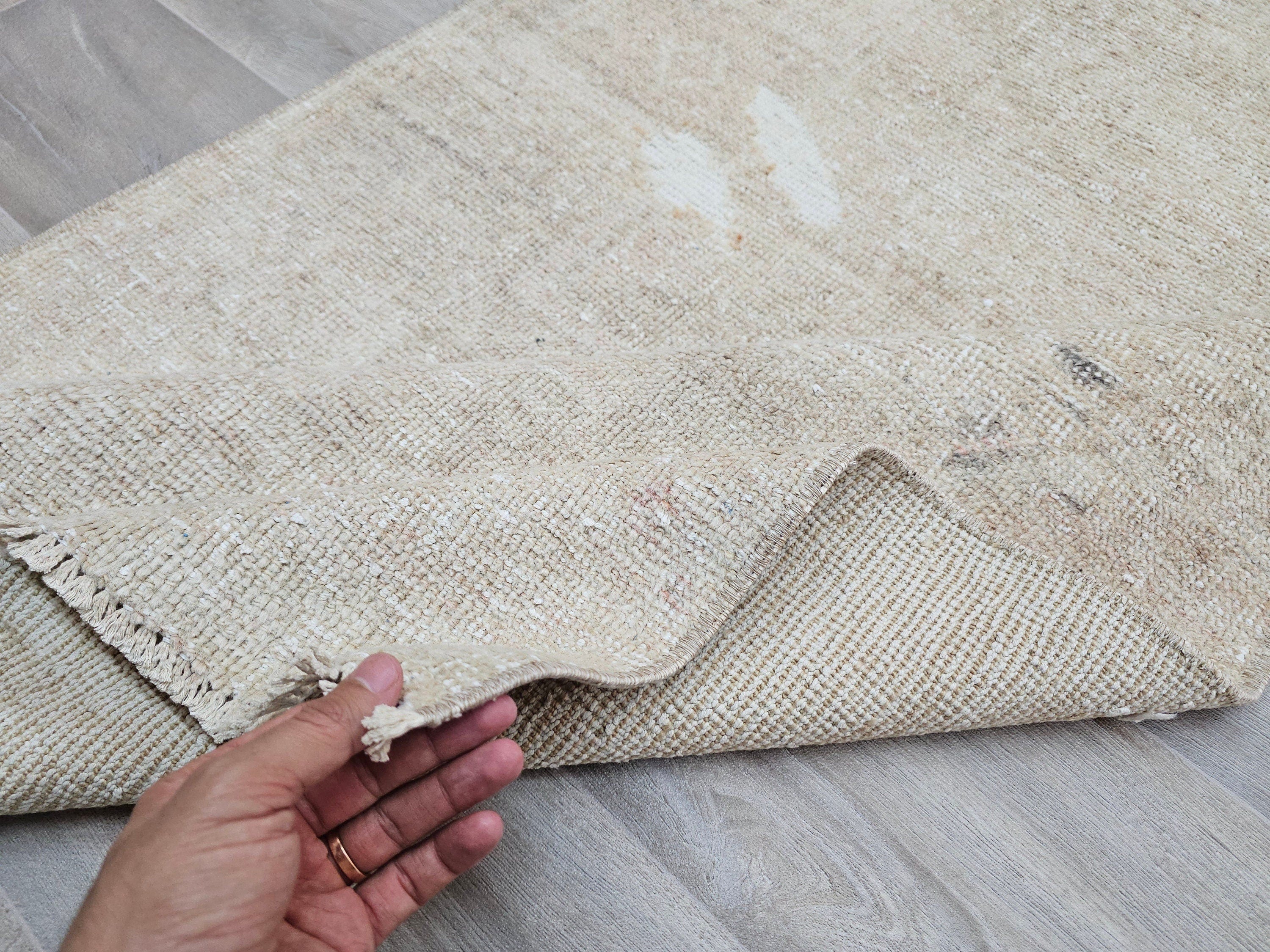 Oushak Turkish Runner Rug 3x13: Neutral Distressed Wool Hallway Rug