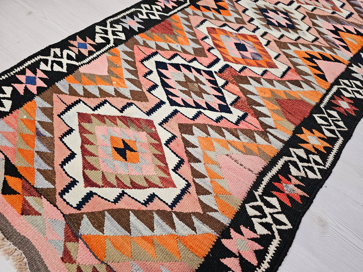 Geometric Wool Turkish Runner Rug: Vintage Oushak Design, 3x11 ft