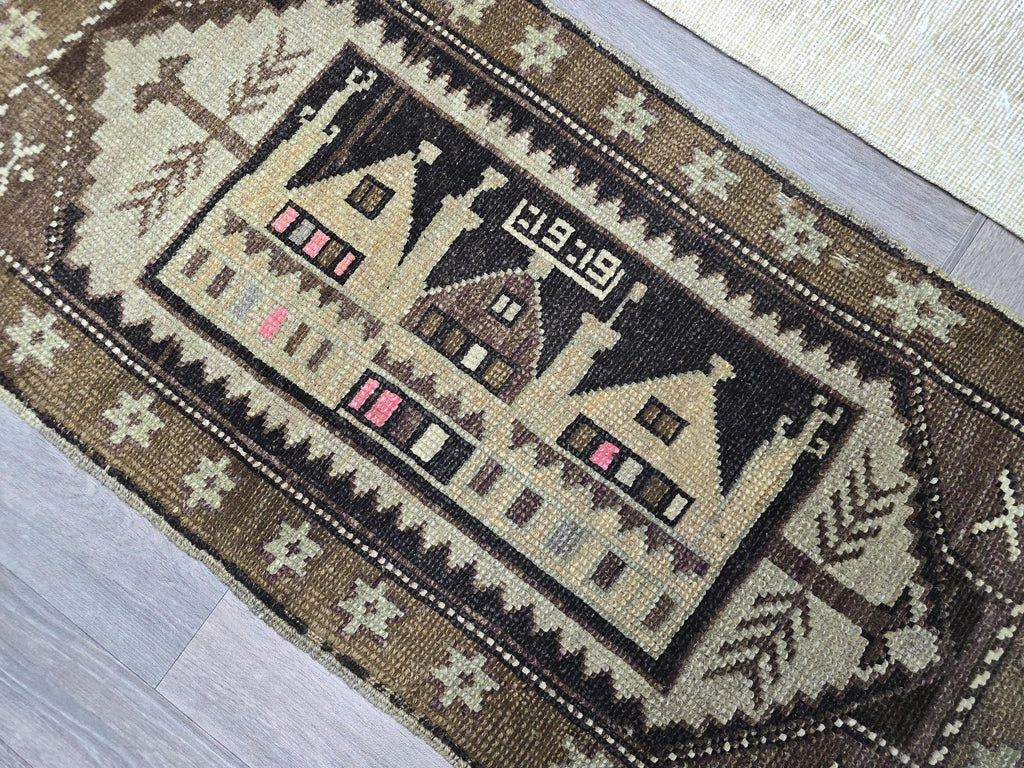 Hand Knotted Turkish Doormat and Bath mat Neutral Beige Brown - 20x41 inches