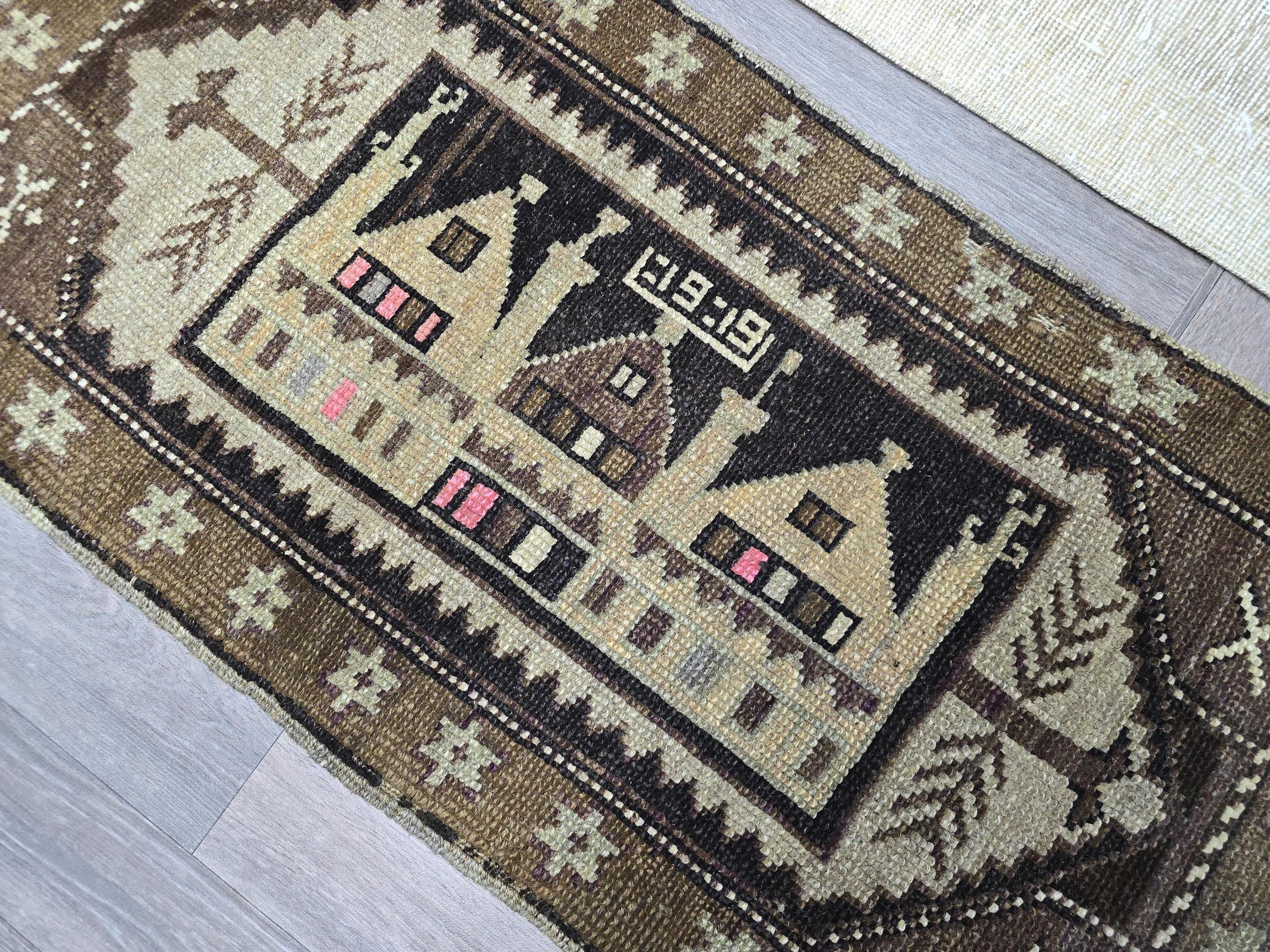 Hand Knotted Turkish Doormat and Bath mat Neutral Beige Brown - 20x41 inches