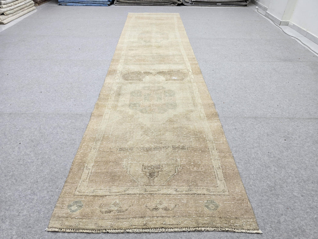 Oushak Runner Rug 3x13, Faded Apricot Beige Hallway Runner, Extra Long Wool Kitchen Runner, Soft Sage Entry Rug for Home Office Decor