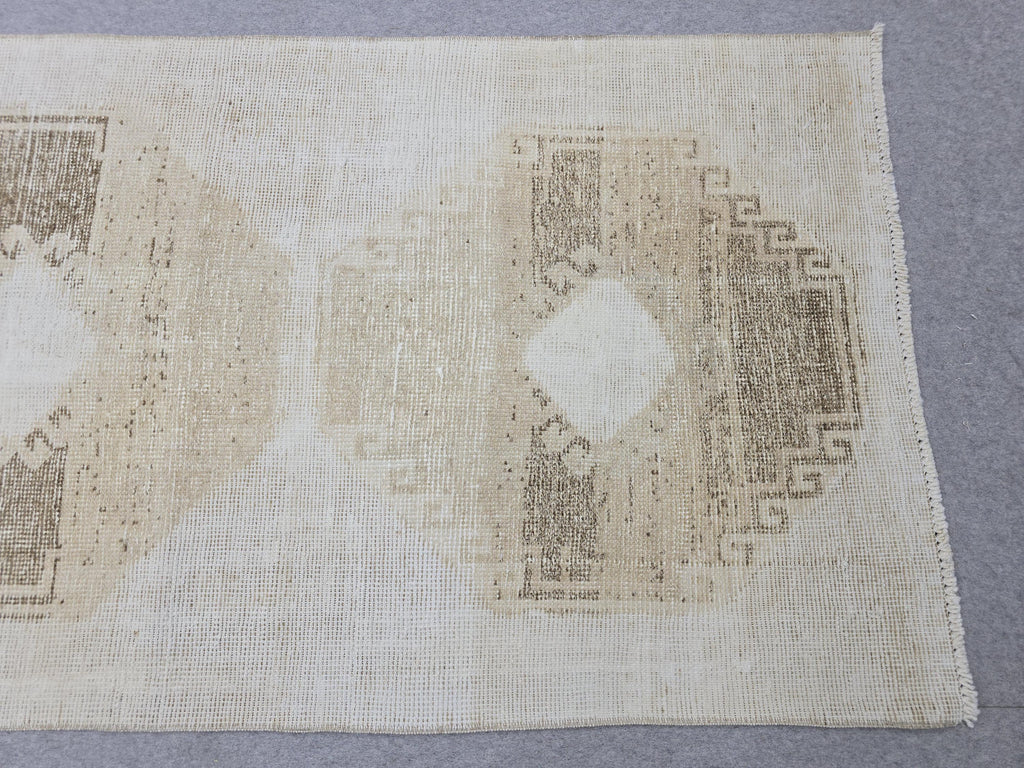 Oushak Rug 3x12, Distressed Neutral Runner, Hand Knotted Wool Turkish Runner, Faded Oatmeal Hallway Rug, Vintage Boho Stair Carpet