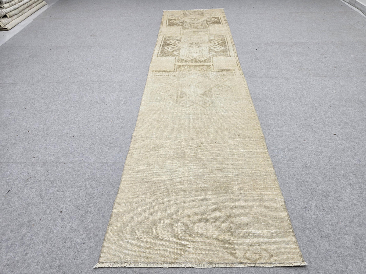Turkish Rug 3x10 Wool Runner Rug for Narrow Hall, Star Medallion Tribal Carpet, Earth tone Brown Rug, Boho Decor