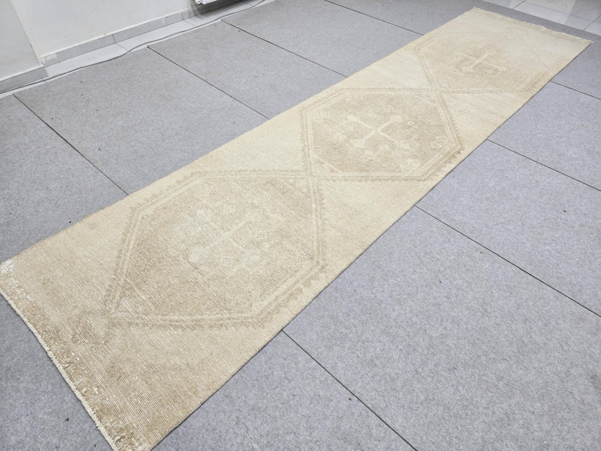 Vintage Rug 3.2x13 Extra Long Runner,  Wool Rug runner for Foyer, Faded Hexagon Turkish Rug runner, Guest Room Rug, Cottagecore Den Decor