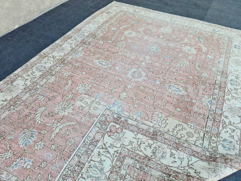 Muted Oushak Pink Rug: 6.85x9.85 ft, Handmade Vintage Turkish Floral Wool Carpet