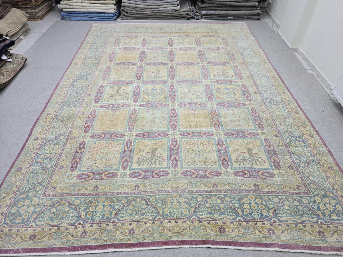 Vintage Rug 10x13 Antique 1910s Hand Knotted Wool Rug | Soft Blue Wheat Mauve | Living Room Dining Boho Decor
