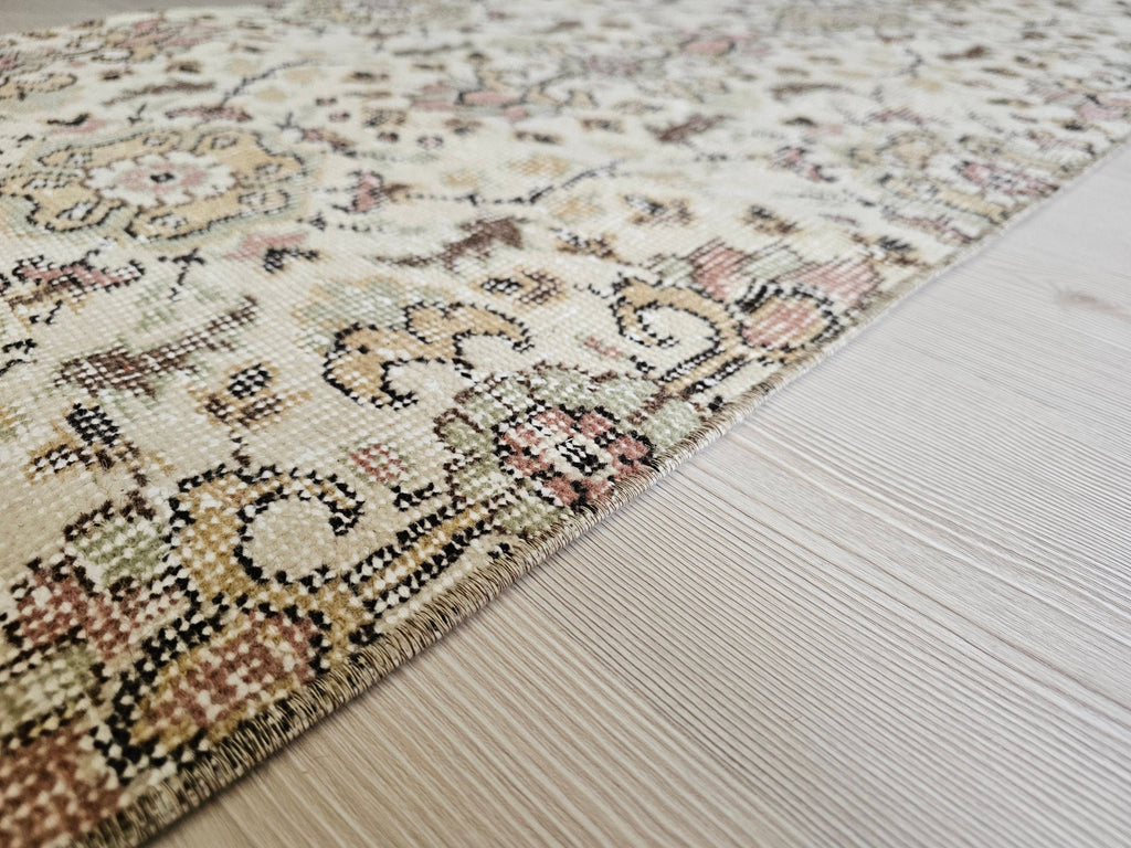 Hand Knotted Wool Runner Rug: 2x10 Vintage Floral Oushak Design