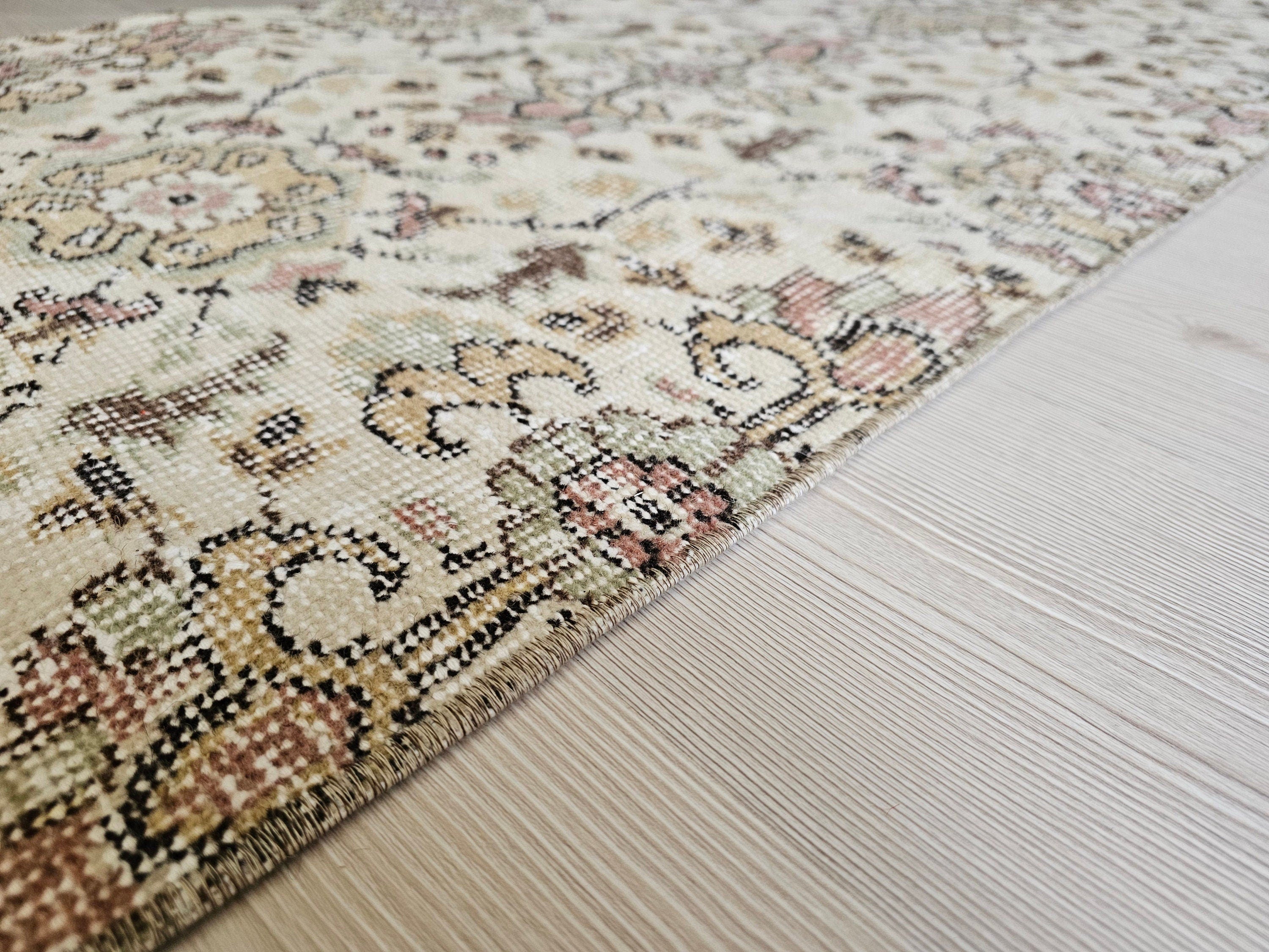 Hand Knotted Wool Runner Rug: 2x10 Vintage Floral Oushak Design