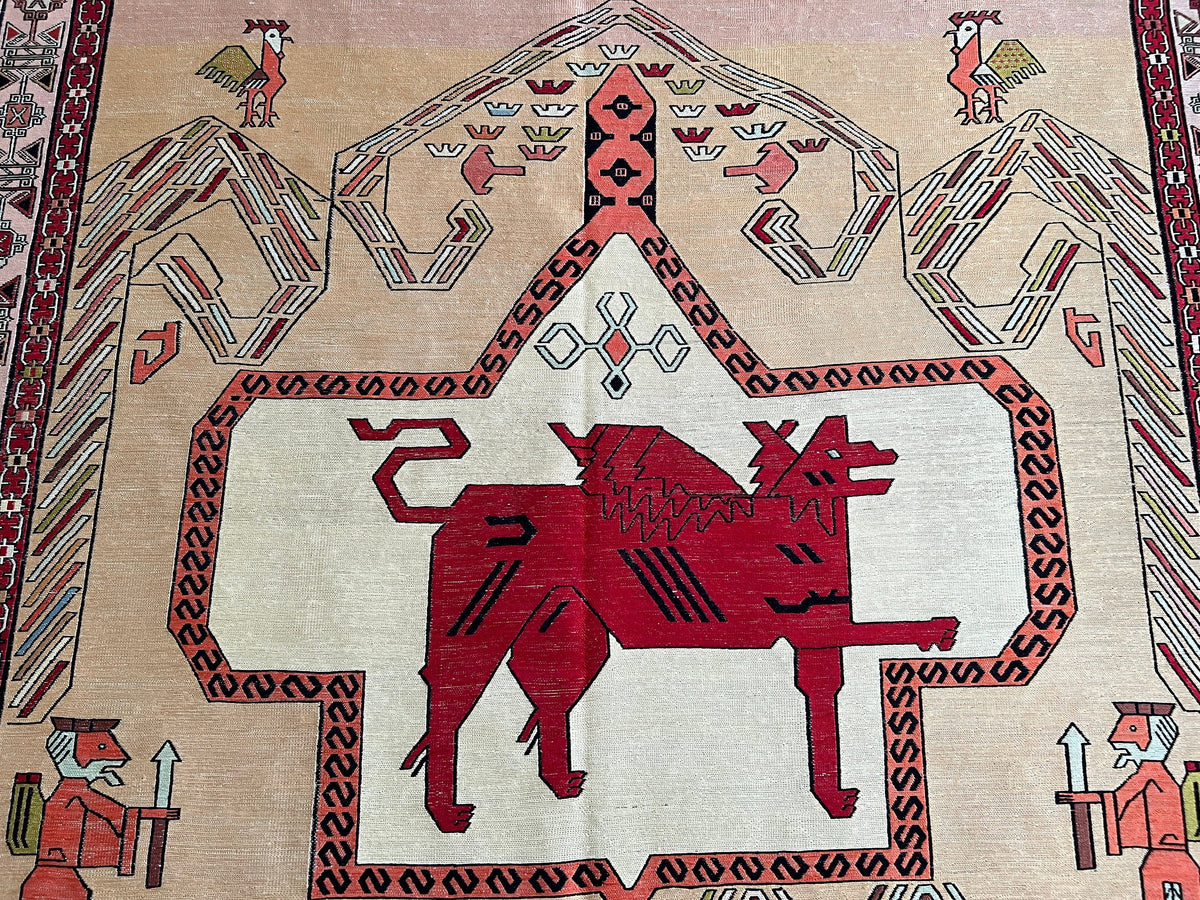 4x6 Silk Soumak Rug: Hand-Knotted Vintage Animal Design