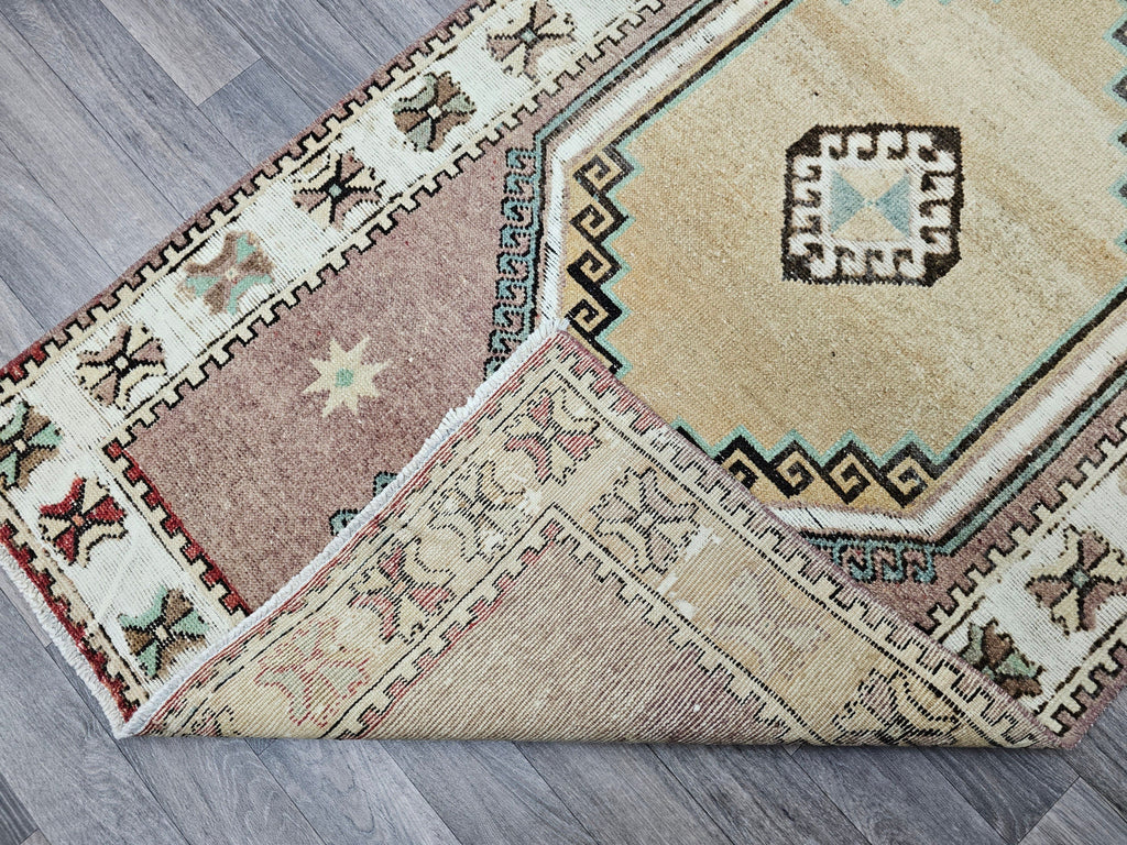 4x14 Vintage Turkish Runner Rug: Handmade Wool Oushak Carpet