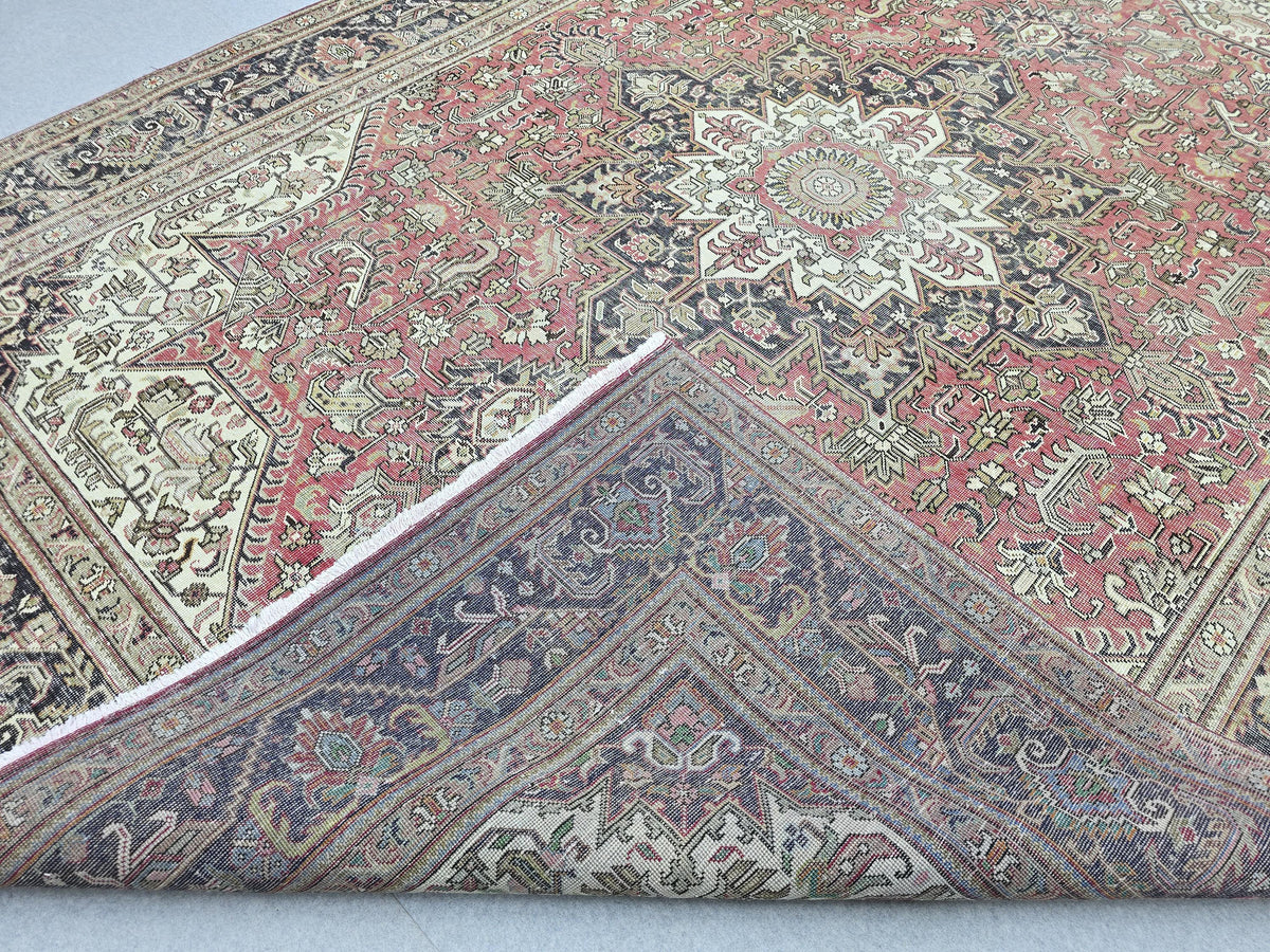 Vintage Hand-Knotted Wool Rug, Red Medallion Turkish Carpet, 9x13 Living Room Area Rug