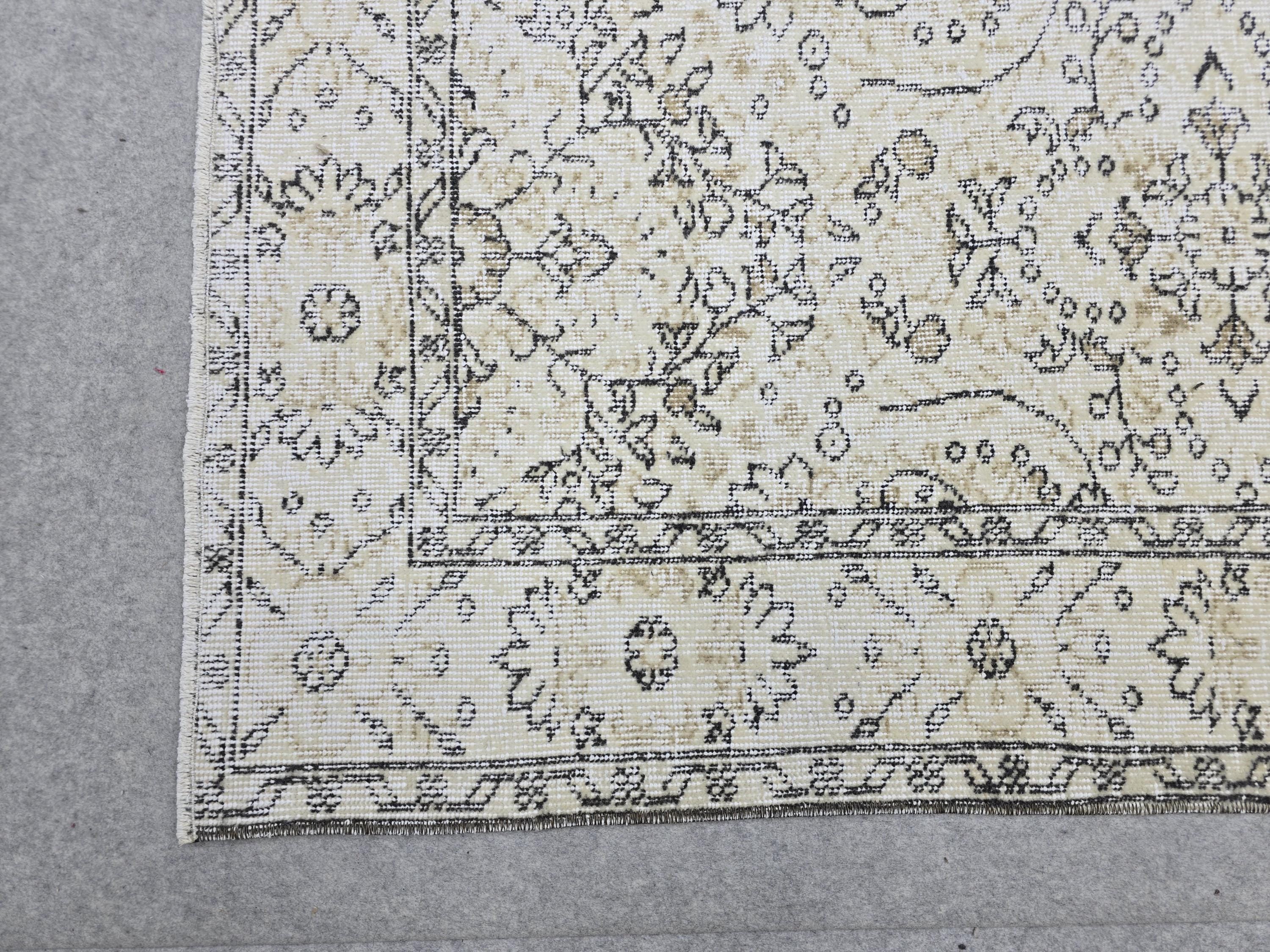 Turkish Rug 6x10, Vintage Wool Area Rug, Cream Beige Floral Carpet for Living Room, Muted Neutral Handknotted Rug