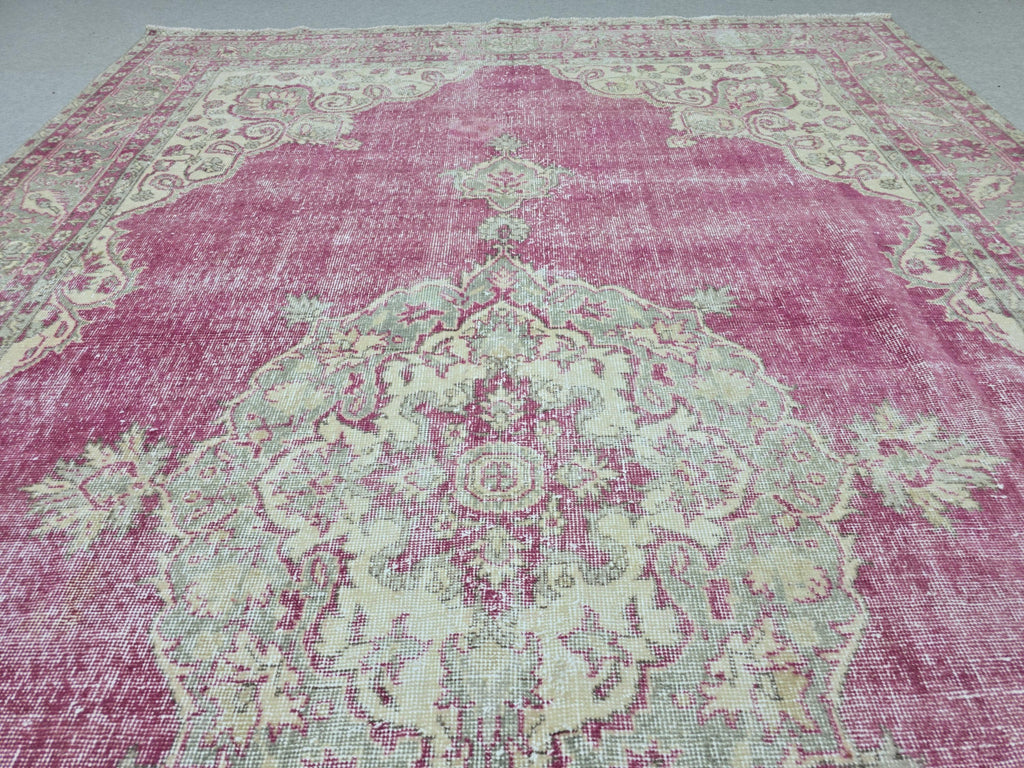 Vintage Turkish Oushak Rug: 7x11 Pink Floral Wool Carpet