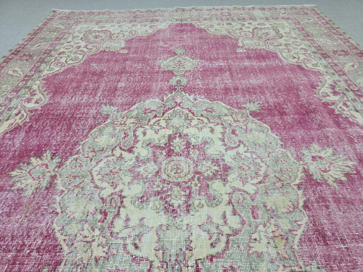 Vintage Turkish Oushak Rug: 7x11 Pink Floral Wool Carpet