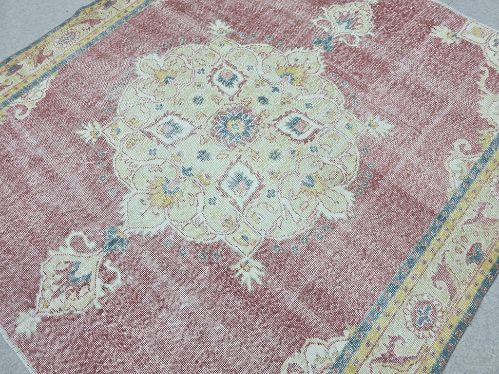 Turkish Rug 7x7, Vintage Pink Medallion Area Rug, Square Hand Knotted Wool Carpet for Living Room, Faded Rose Oushak Style