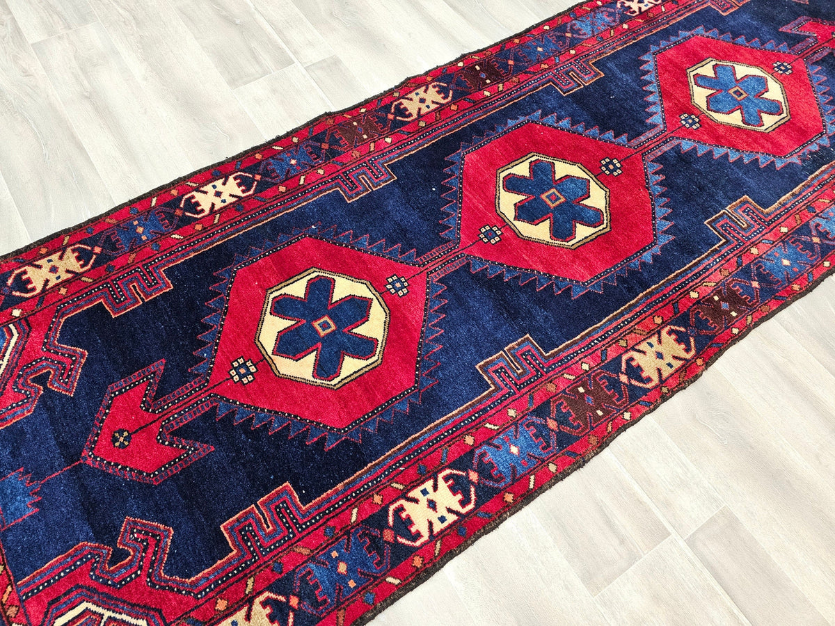 3.50x9.85 feet Traditional Wool Antique Anatolian Runner Rug Red Navy Blue