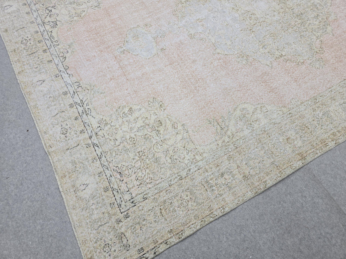 Oushak Rug 7x10, Muted Pink Beige Handwoven Turkish Carpet, Vintage Wool Area Rug for Living Room Bedroom Boho Farmhouse Decor