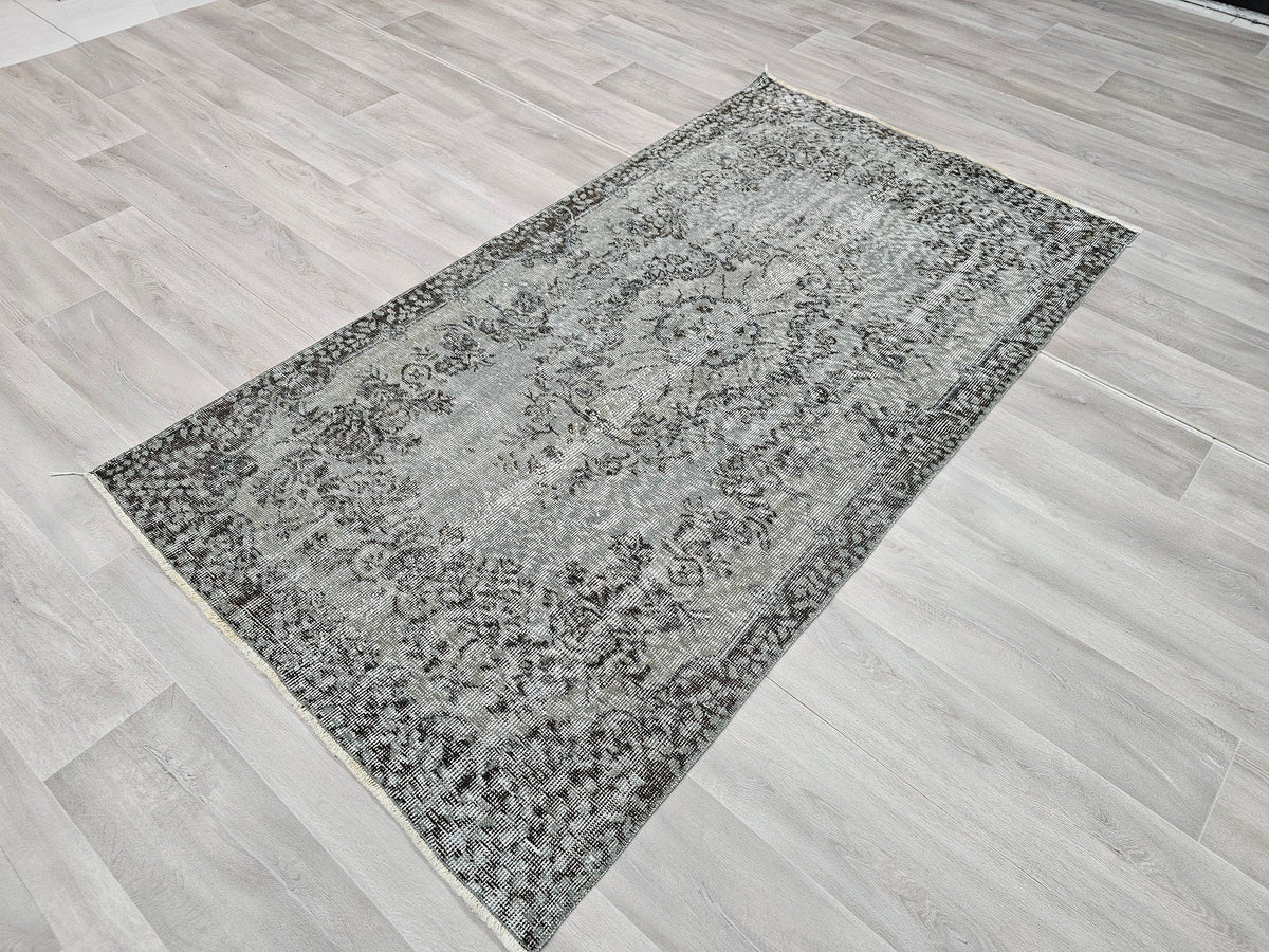 4x7 Overdyed Turkish Wool Rug: Floral Oushak Rug