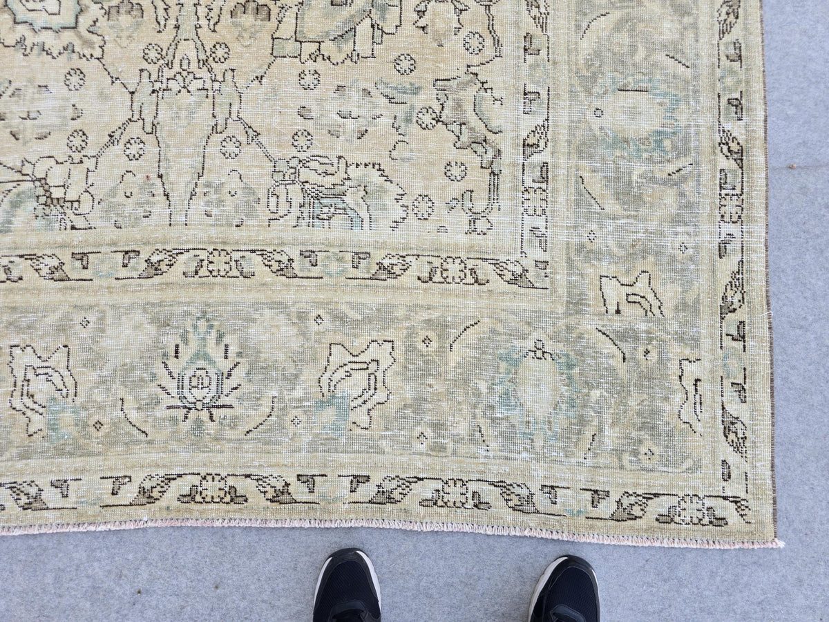 Turkish Rug 10x12, Neutral Oushak Rug, Sage Green Beige Rug, Hand Knotted Large Wool Carpet, Vintage Living Room Rug, Boho Decor