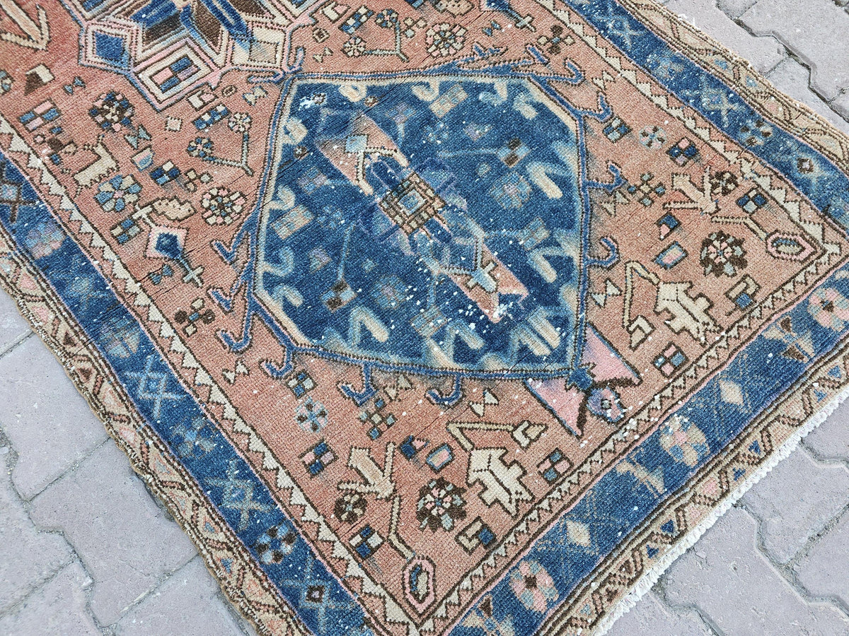 Antique Wool Runner Rug: Hand-Knotted Geometric Design (3.50x10.60 ft)