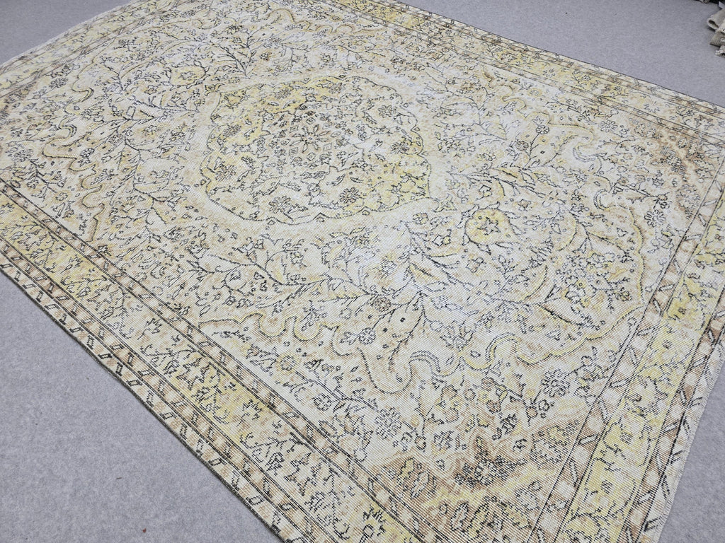 7x9 Neutral Vintage Turkish Oushak Rug for Bedroom/ High Quality Wool Area Rug