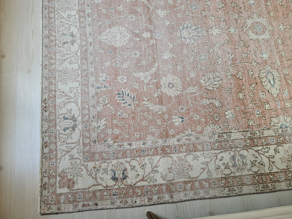 7x10 Vintage Turkish Rug: Hand knotted Wool Oushak area Rug -  6.8 x 9.9 ft, Organic Wool