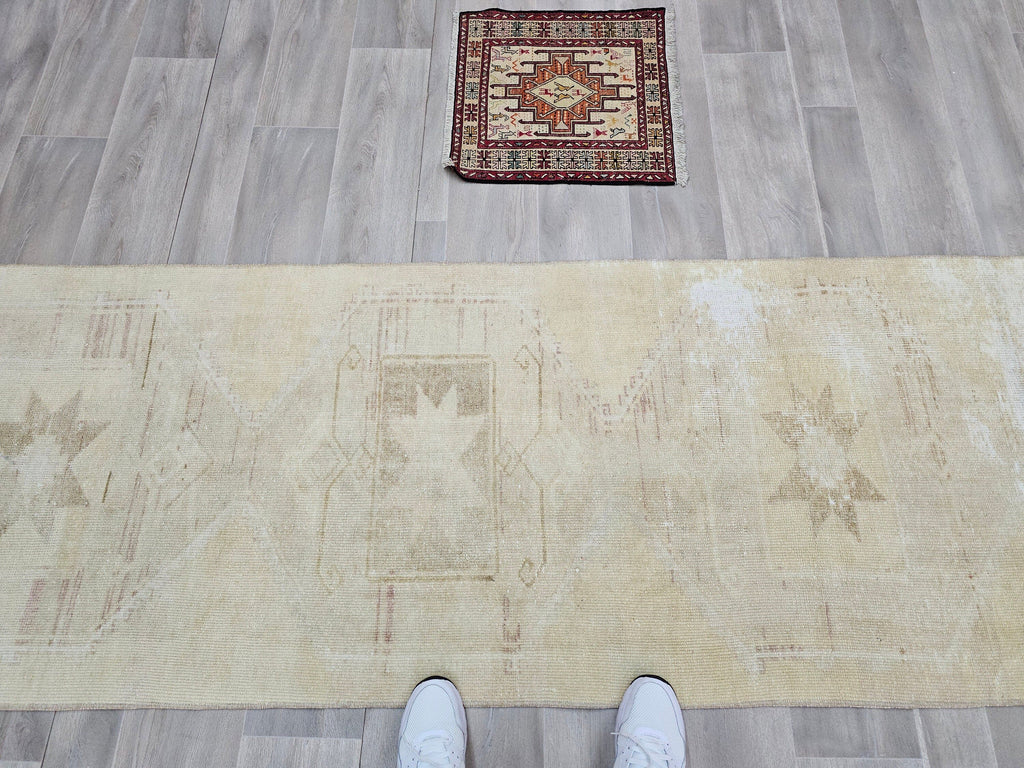 Antique Turkish Oushak Runner Rug: Beige Cream Wool, 3x12 ft