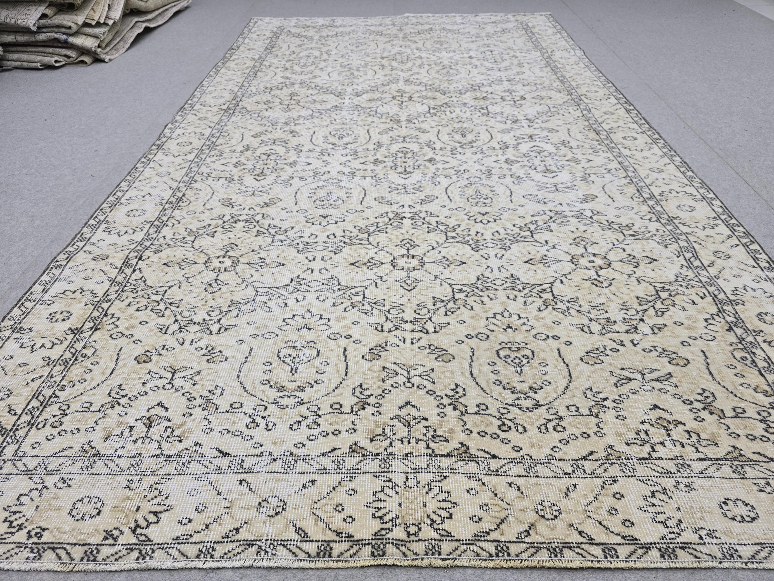 Turkish Rug 6x10, Vintage Wool Area Rug, Cream Beige Floral Carpet for Living Room, Muted Neutral Handknotted Rug