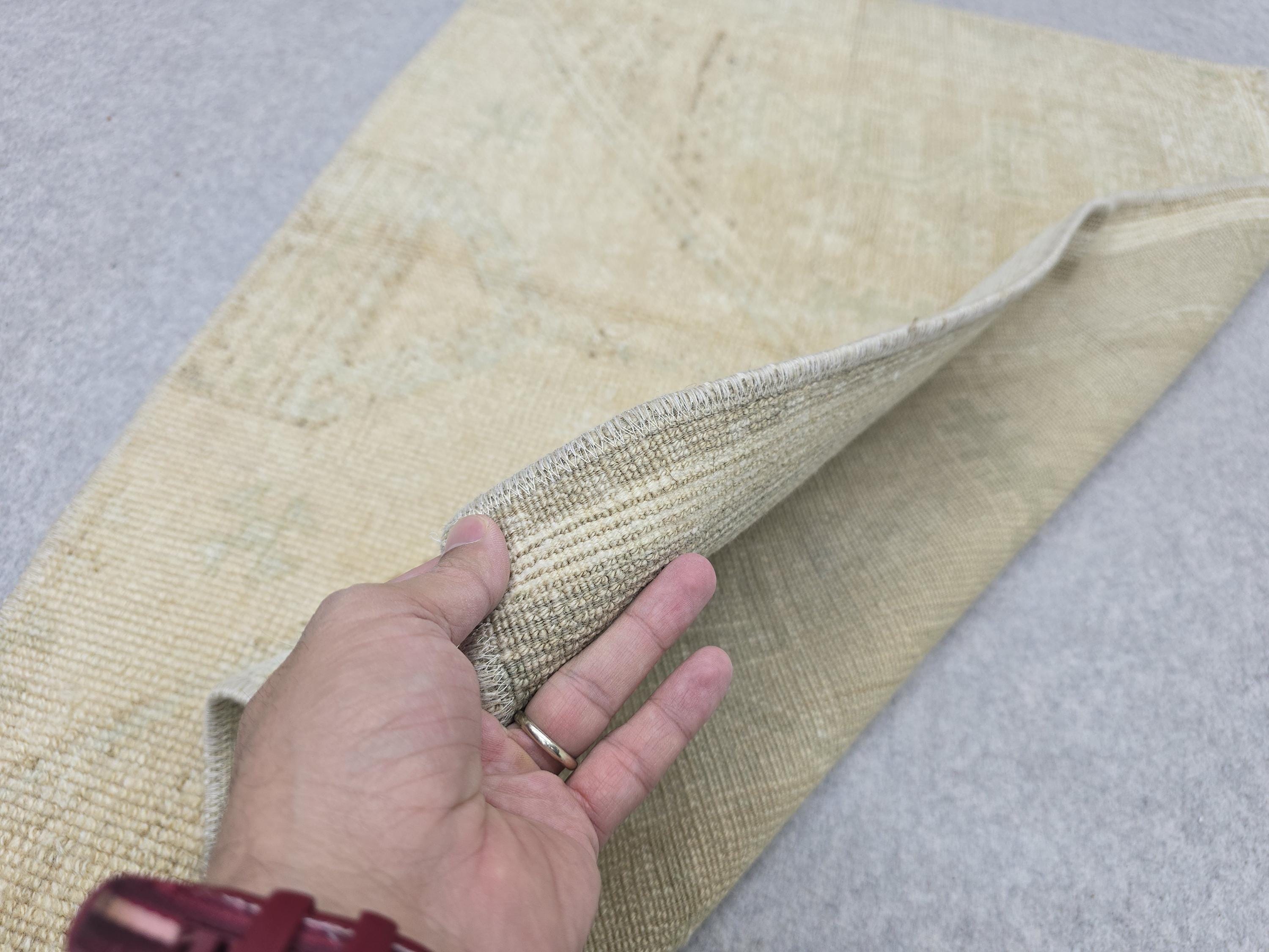 Vintage Bath Mat 2x3, Small Turkish Rug, Faded Neutral Door Mat, Hand Knotted Wool Oushak Mat, Muted Beige Kitchen Rug, Boho Entryway Rug