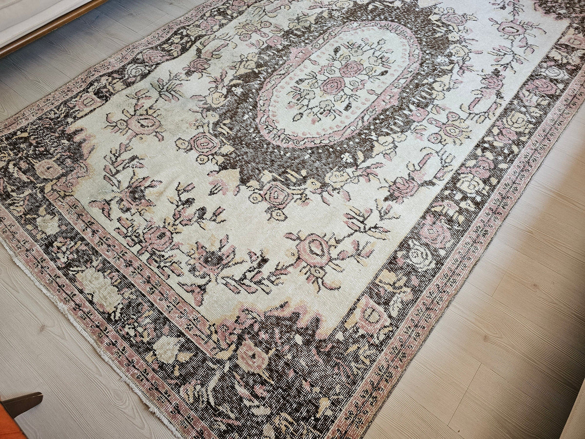 Handwoven Wool Oushak Rug: 6x9 Vintage Bohemian Area Rug