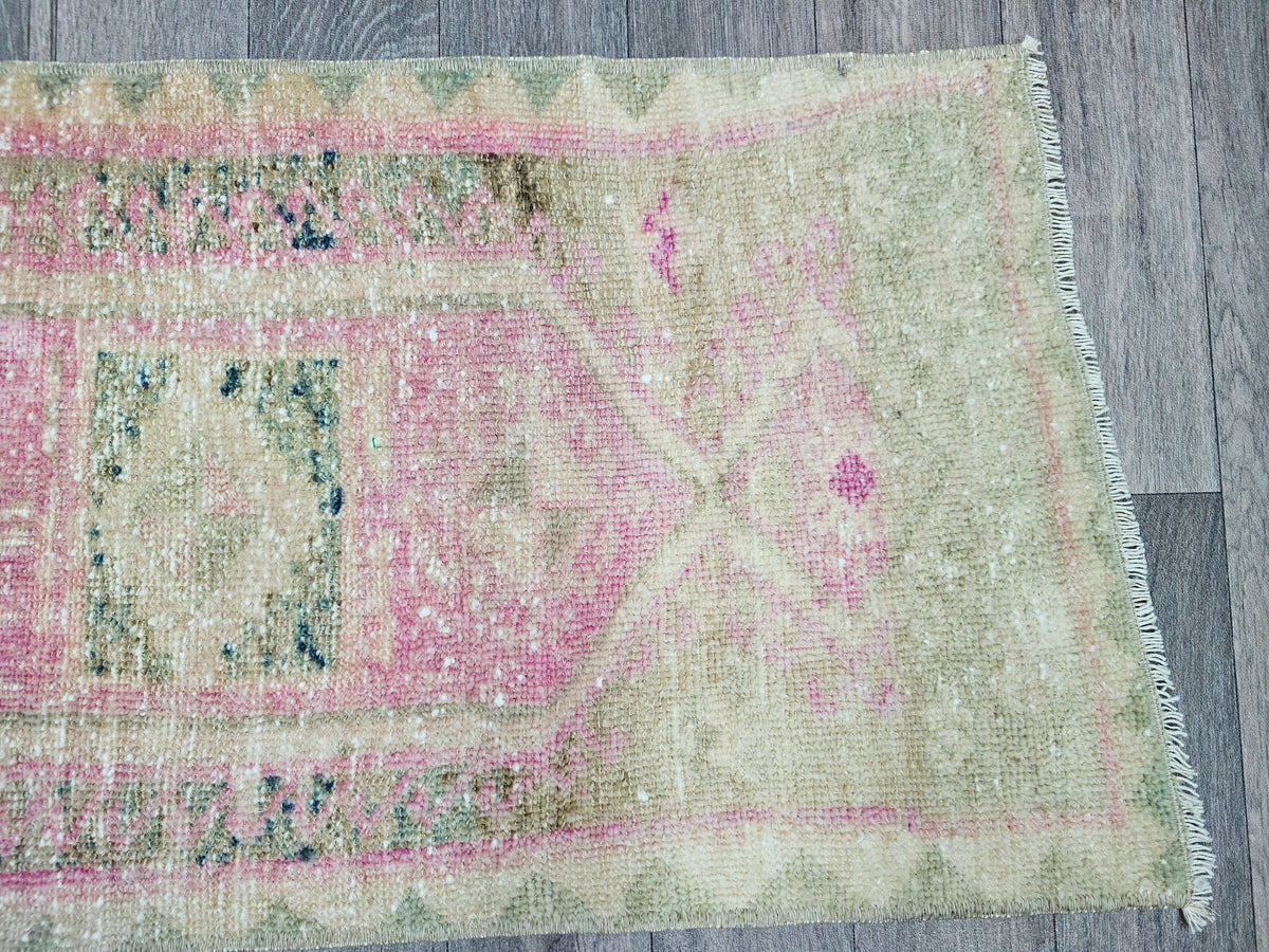 Faded Vintage Oushak Wool Rug: Turkish Doormat Bath Mat (18x33 inches)