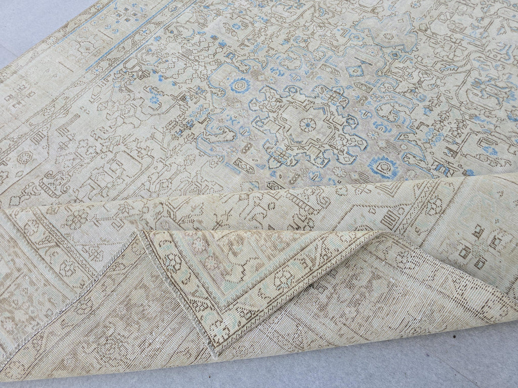 9x12 Neutral Area Rug Vintage / Beige and Blue Handmade Wool Oushak Rug
