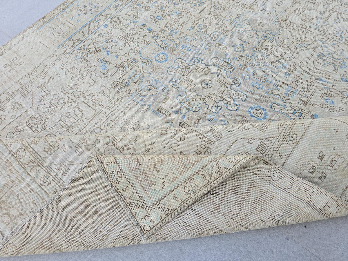 9x12 Neutral Area Rug Vintage / Beige and Blue Handmade Wool Oushak Rug