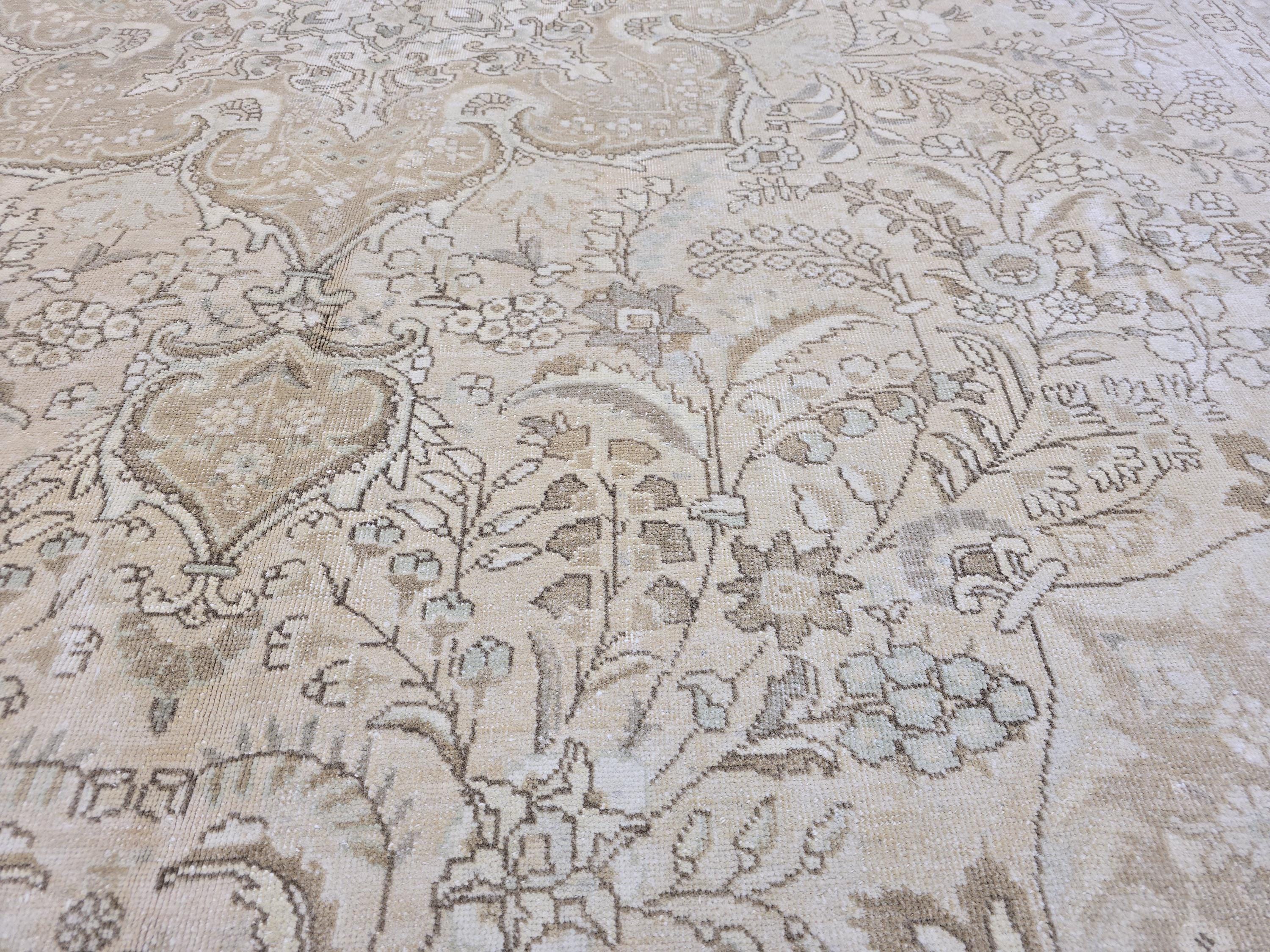 Vintage Turkish Oushak Rug 10x12: Beige Wool Floral Medallion Carpet