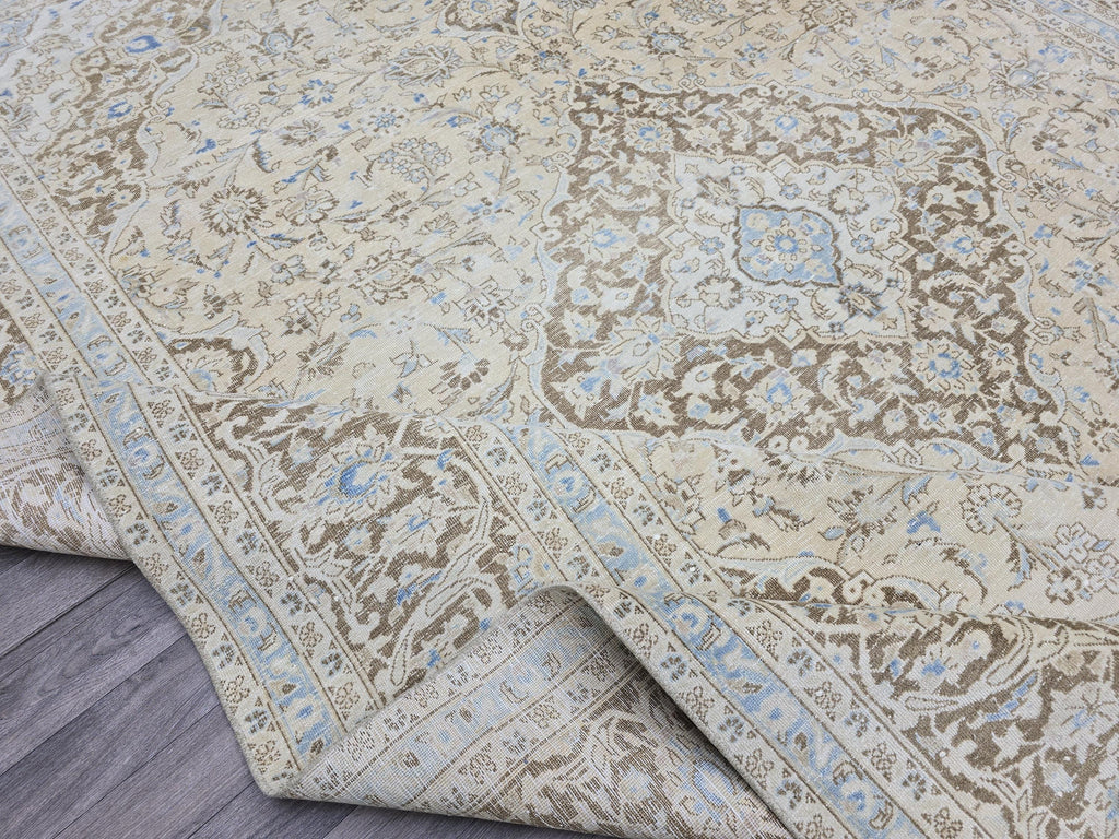 Vintage Oushak Rug 9x12: Handmade Wool, Blue Beige Floral Medallion
