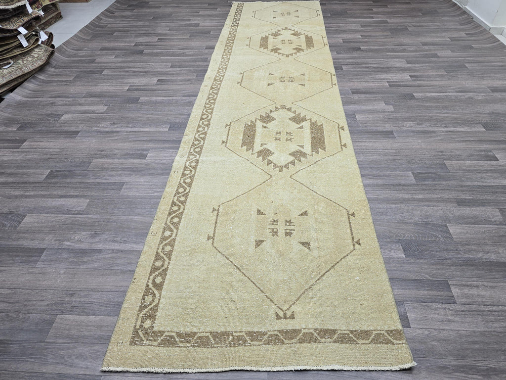 Vintage Anatolian Runner Rug: Cream Beige Wool Hallway Carpet (3.4x13.6 ft)
