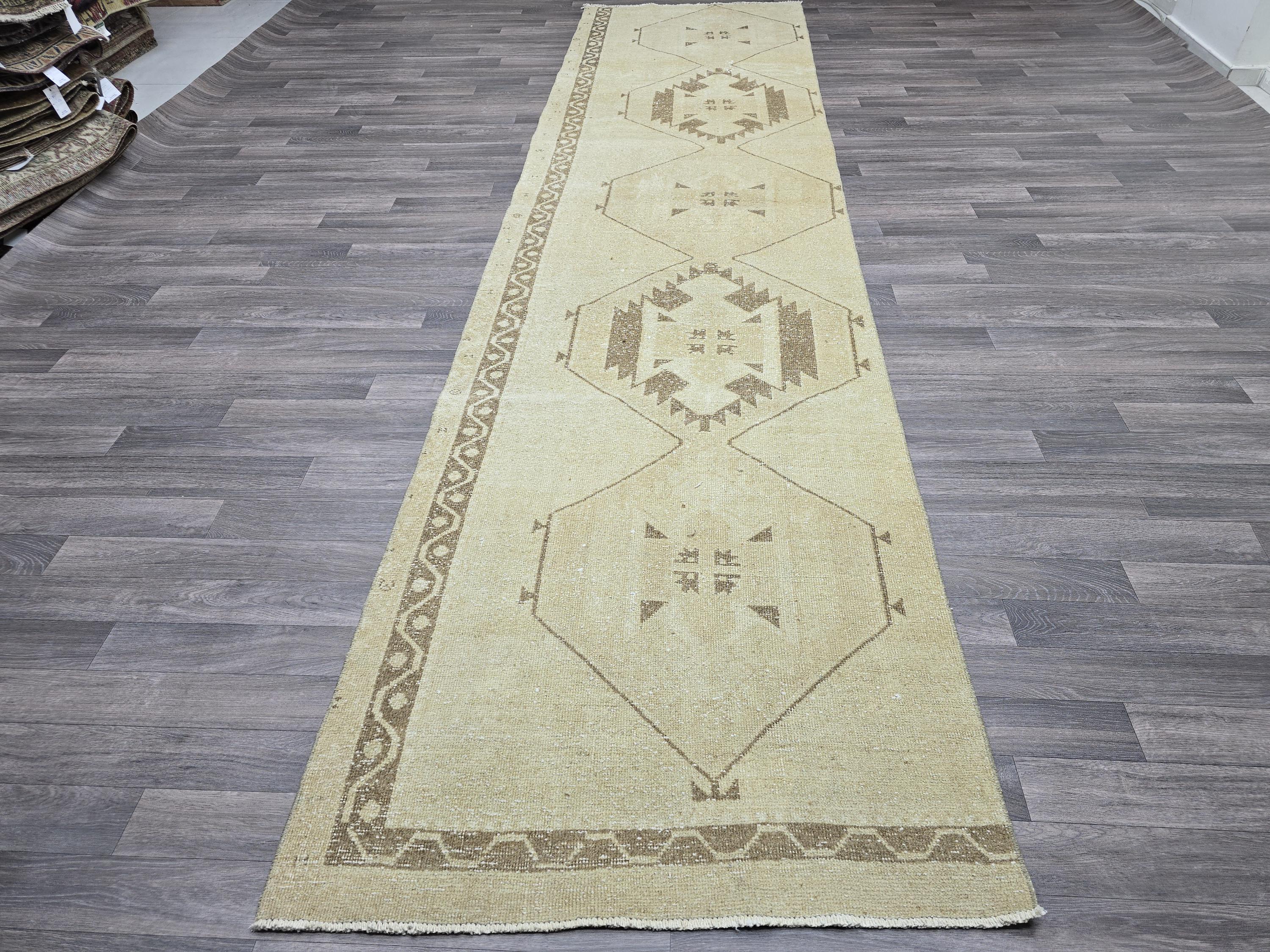 Vintage Anatolian Runner Rug: Cream Beige Wool Hallway Carpet (3.4x13.6 ft)