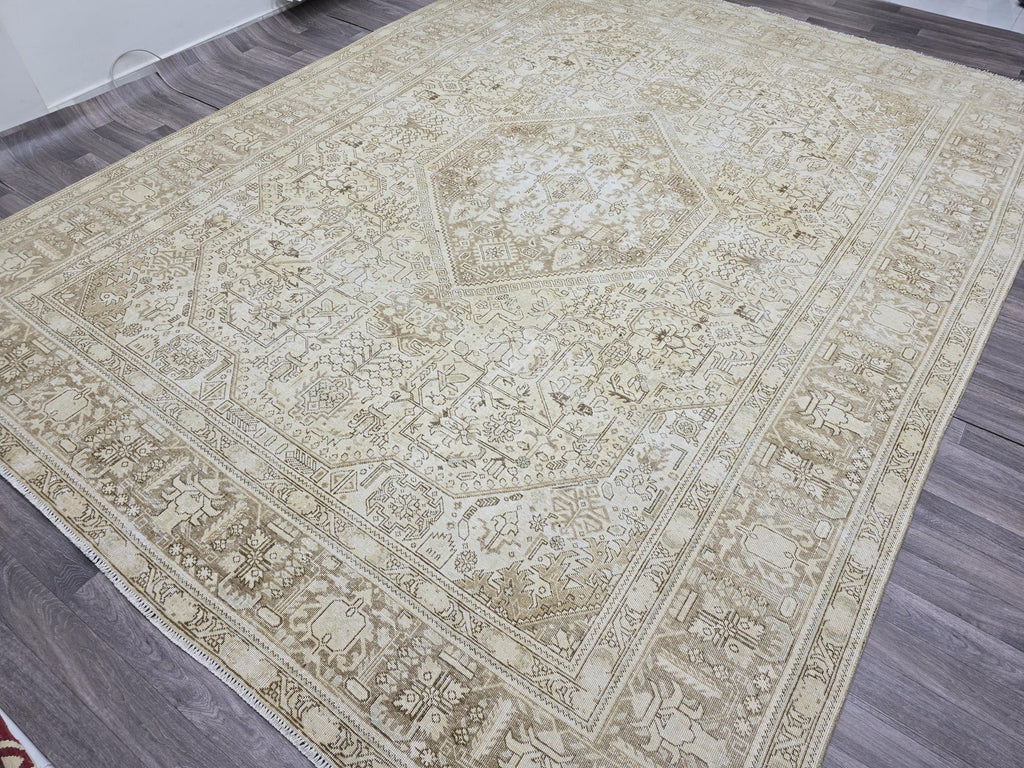 10x12 Ivory Anatolian Rug: Large Wool Oushak Geometric Carpet