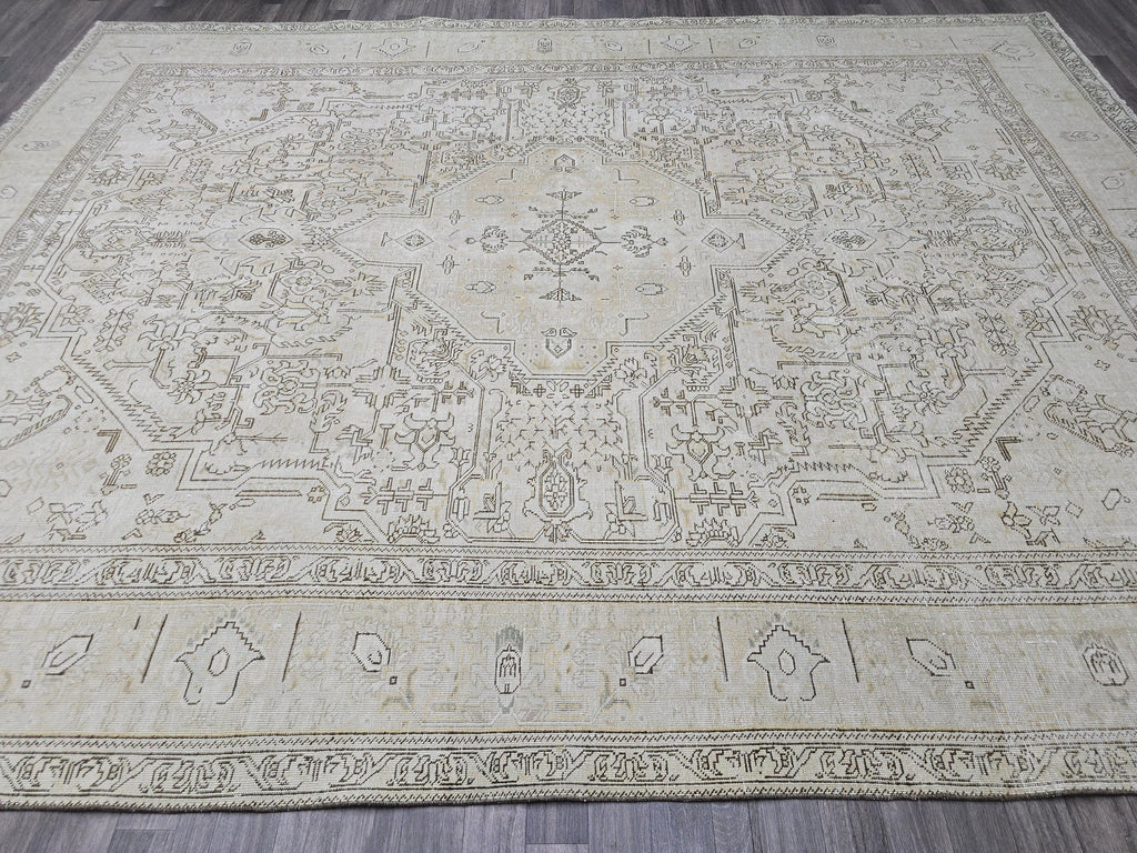 Oversize Neutral Oushak Rug: 9.5x12 Vintage Handwoven Wool Carpet Cream Beige Brown