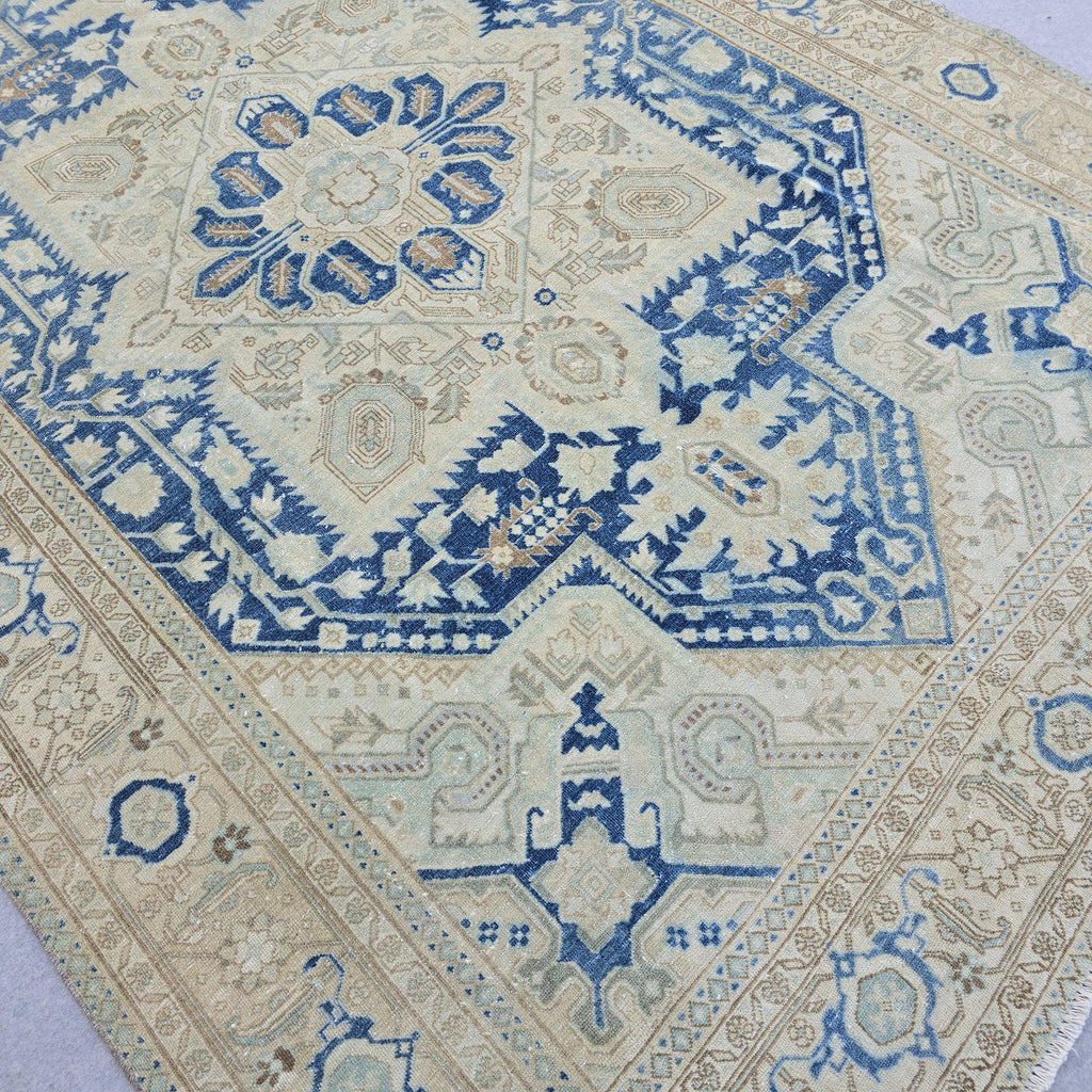 7x10 Vintage Oushak Rug Blue Cream Geometric Hand Knotted Turkish Area Carpet