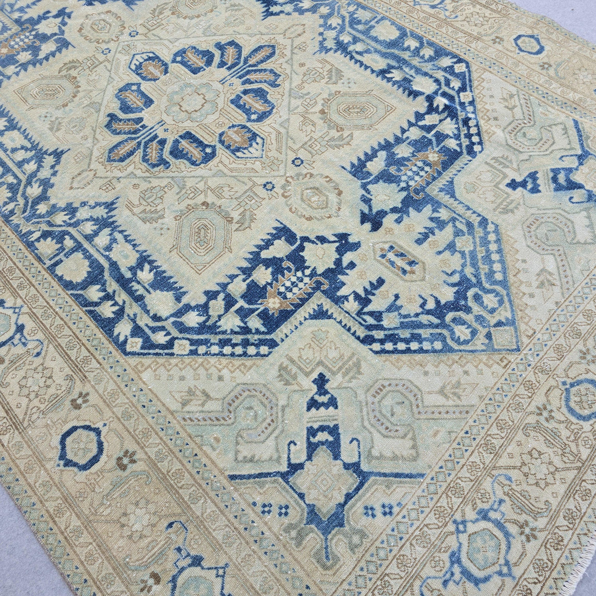 7x10 Vintage Oushak Rug Blue Cream Geometric Hand Knotted Turkish Area Carpet