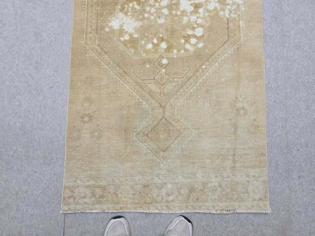 Turkish Rug 3x13, Antique Neutral Runner, Hand Knotted Wool Oushak Runner, Faded Camel Beige Hallway Carpet, Distressed Boho Stair Rug